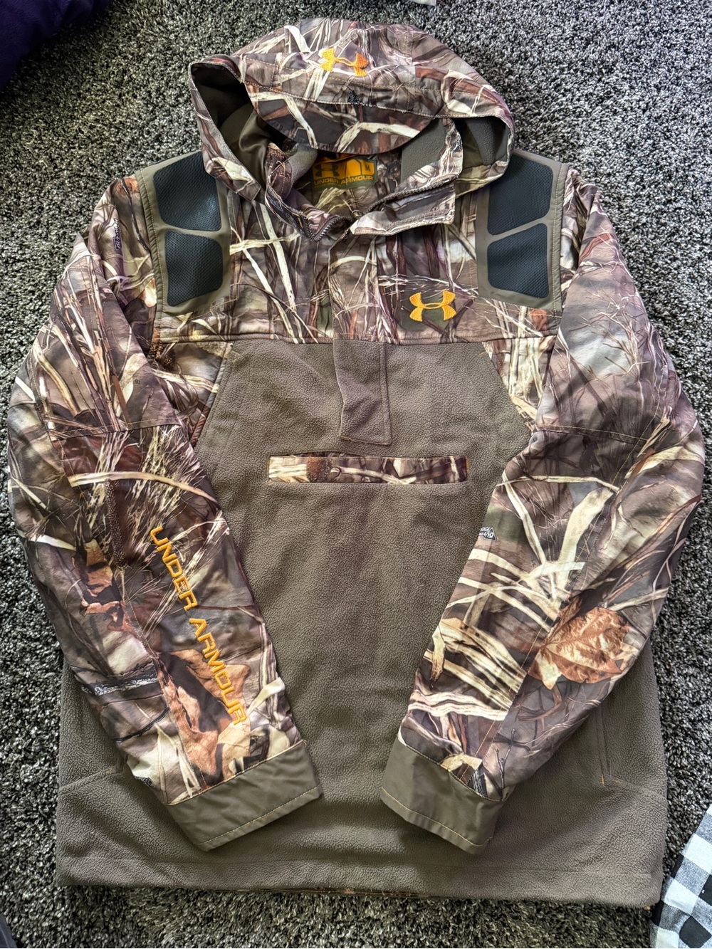 Under Armour Realtree Camo Pullover Hoodie with Olive Fleece & Yellow Logo